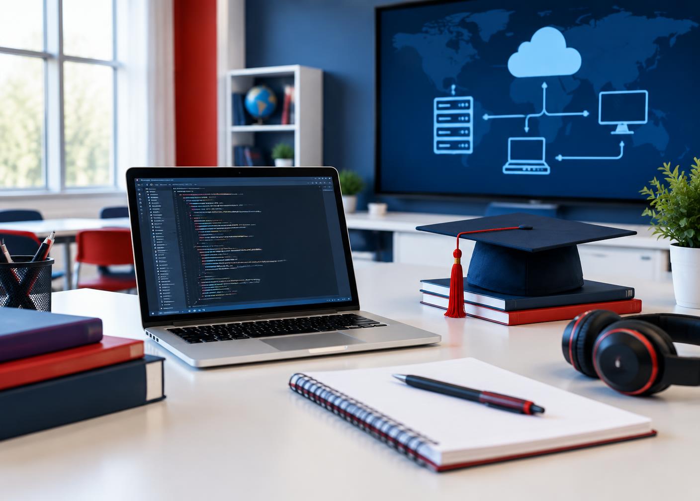 ICT classroom desk with a laptop showing code and a networking diagram on screen